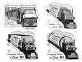 Set of silhouette of trucks with trailer, logs, gas tank, refrigerator